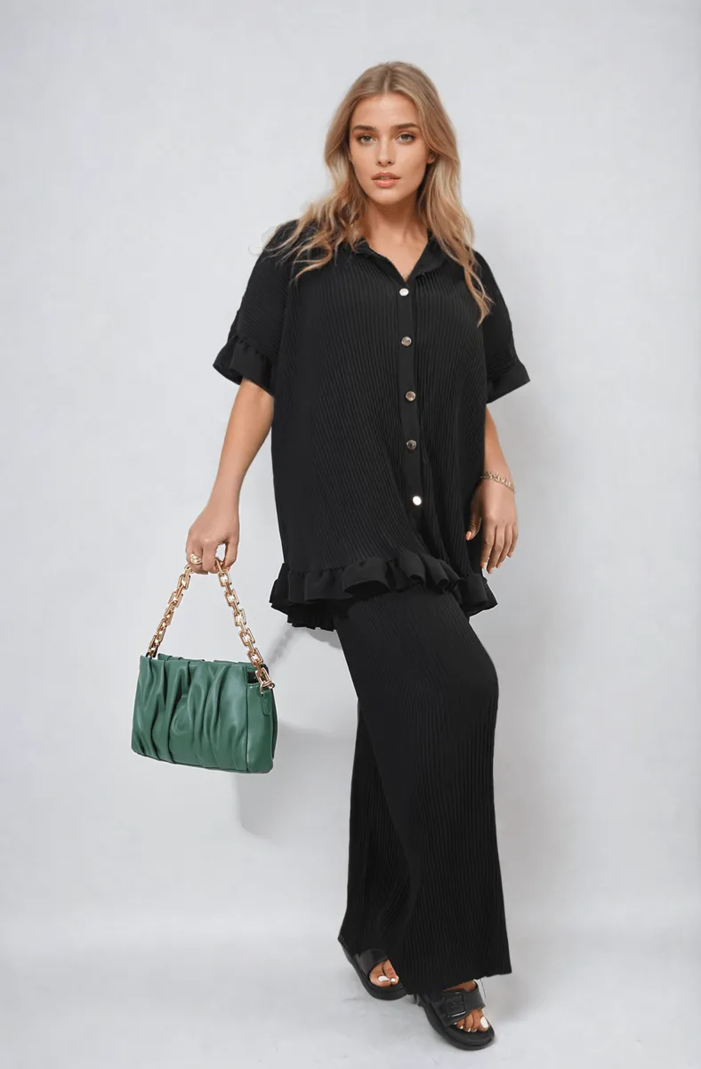 Button Pleated Frill Ruffle Top and Wide Leg Trouser Co-ord Set sold by Beagle Boutique product image thumbnail 5