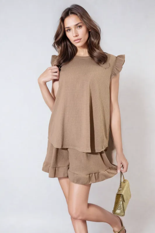 Ruffle Trim Sleeve Top and Shorts Co-ord Set made by Moda