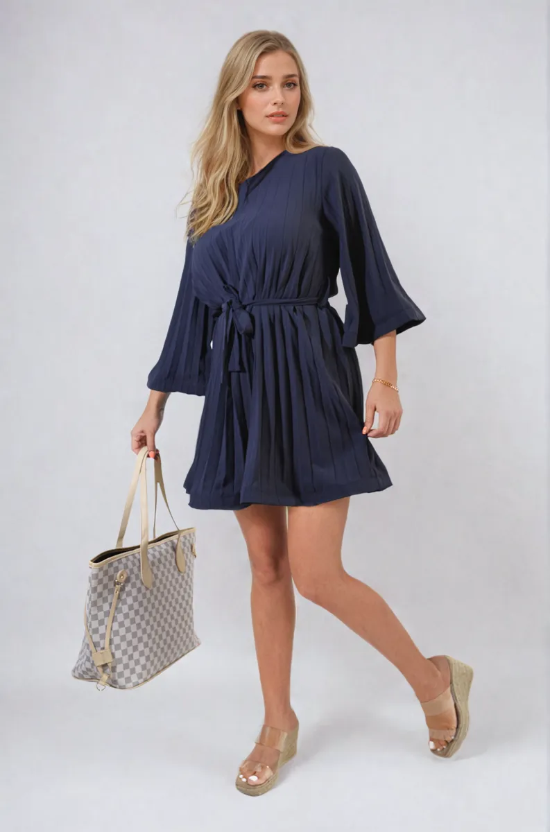 Pleated Tie Waist Mini Dress sold by Beagle Boutique