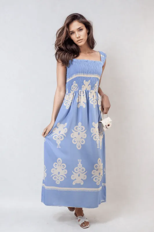 Smocked Sleeveless Flowy Tribal Print Summer Maxi Dress sold by Beagle Boutique