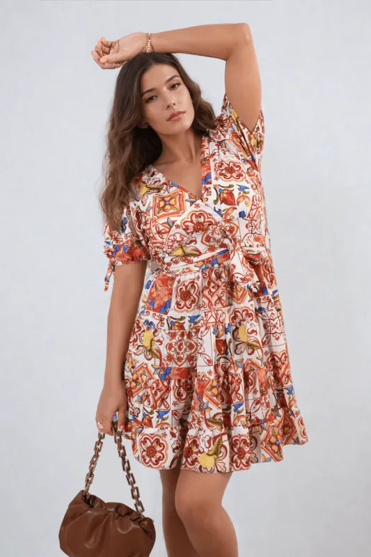 Floral V-Neck Tie Waist Mini Dress sold by Beagle Boutique