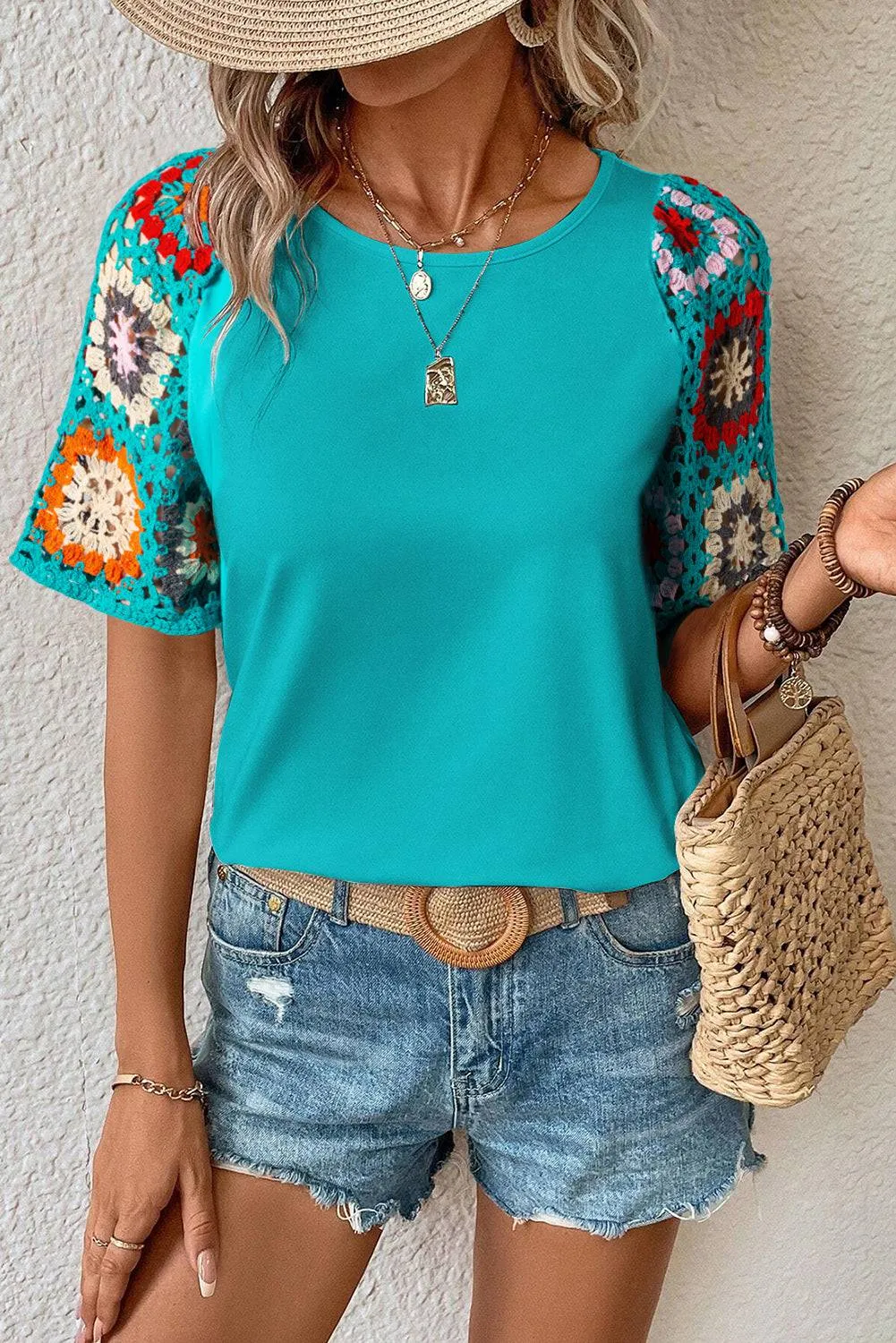 Turquoise Floral Crochet Short Sleeve Top sold by Beagle Boutique