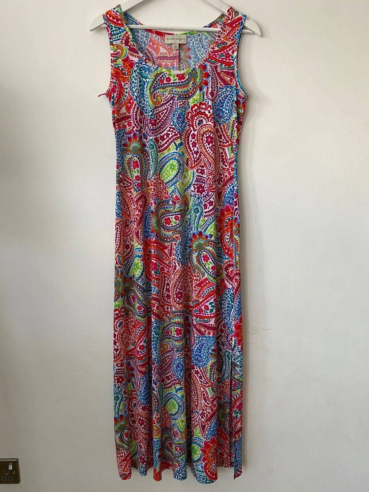 Ronni Nicole Print Sleeveless Maxi Dress 10, 12 Fuchsia Print Front Side Slit sold by Beagle Boutique