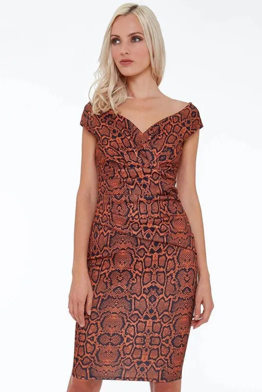 City Goddess Snake Print Bardot Midi Dress Sizes 8, 10 sold by Beagle Boutique