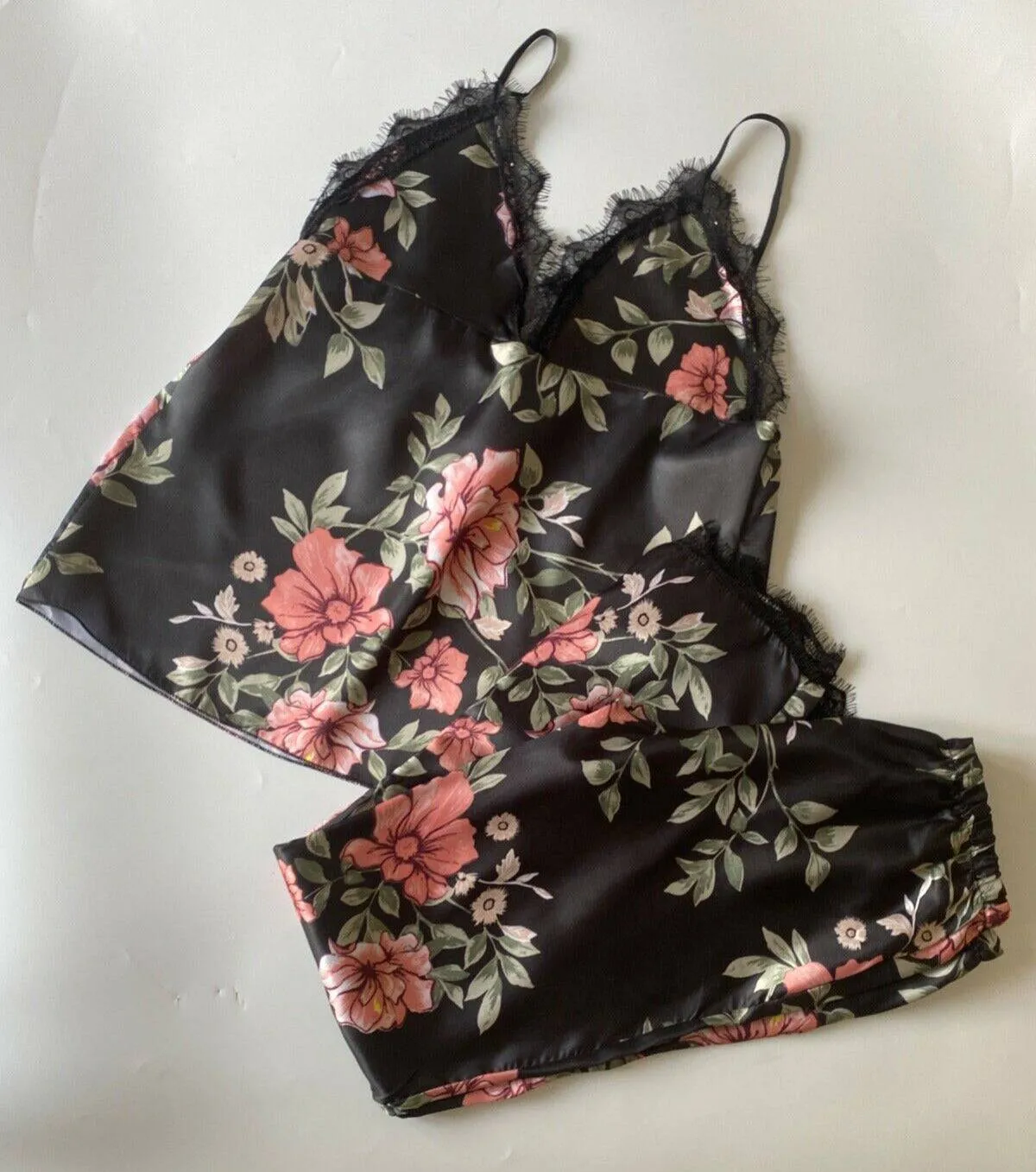 Floral Satin Type Pyjama Cami Set Lace Trim Sizes: 6 - 8 sold by Beagle Boutique
