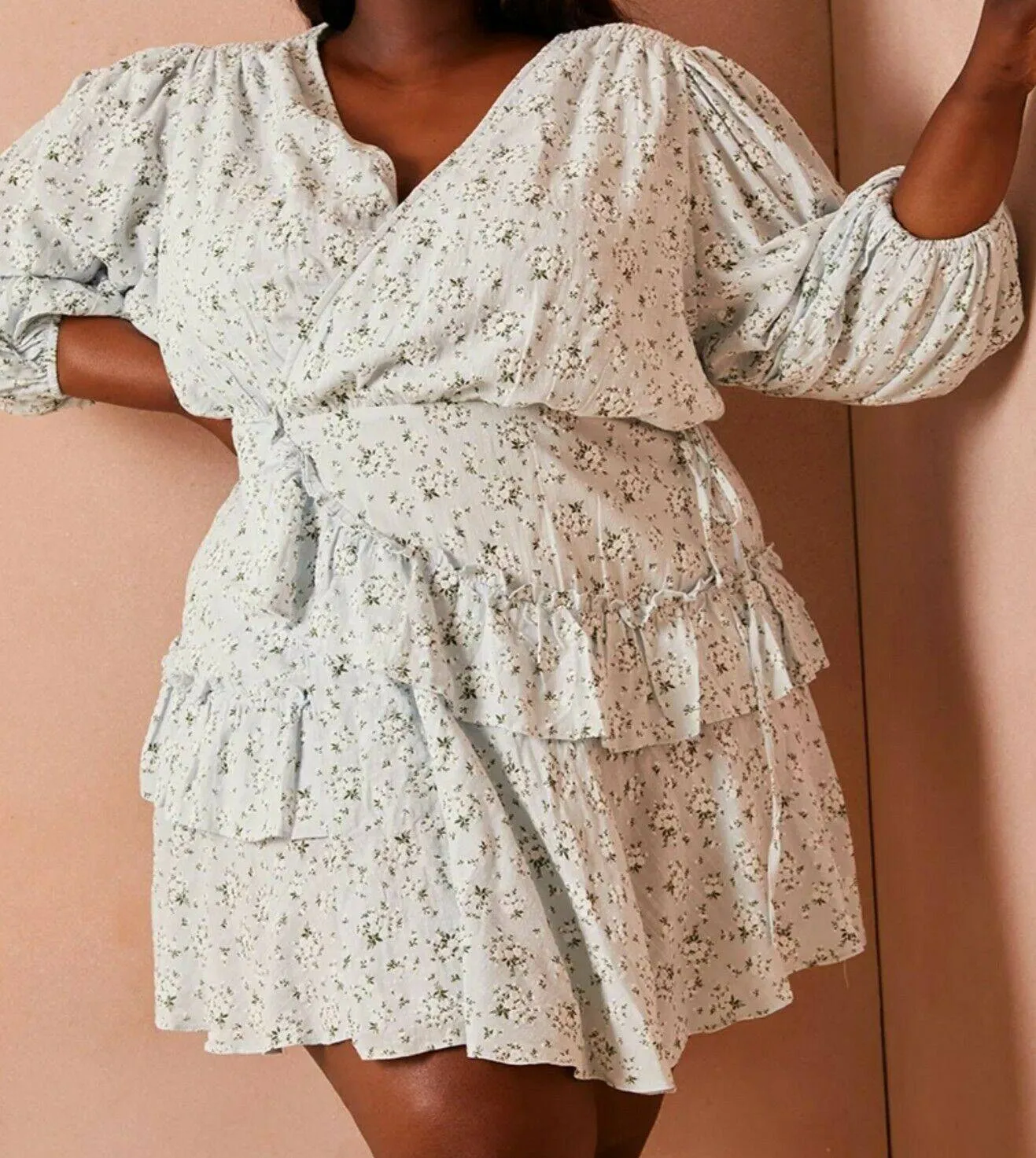 In The Style Lorna Luxe Light Blue Floral Mini Wrap Dress sold by Beagle Boutique