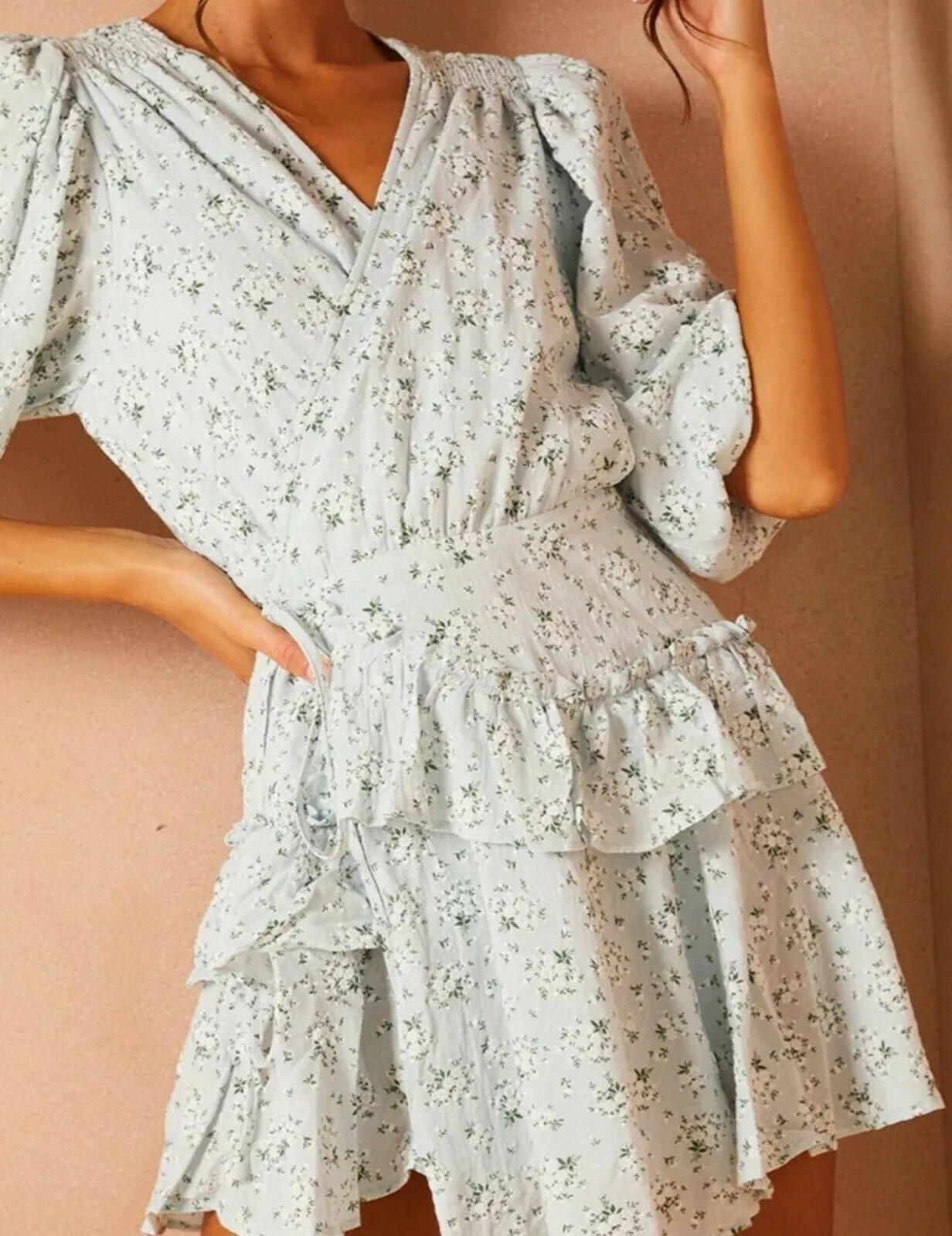 In The Style Lorna Luxe Light Blue Floral Mini Wrap Dress sold by Beagle Boutique product image thumbnail 5