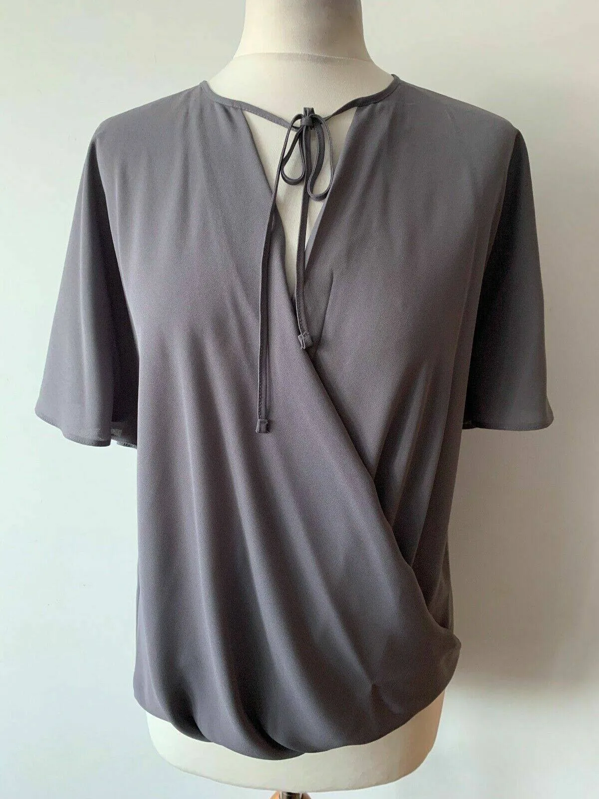 New Look Grey Tie Neck Wrap Blouse Size 8 Draped Short Sleeves sold by Beagle Boutique