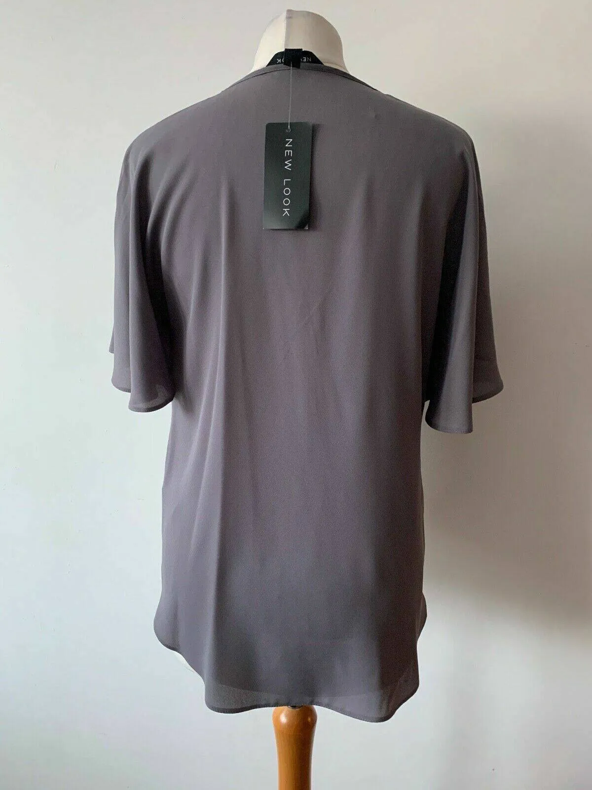 New Look Grey Tie Neck Wrap Blouse Size 8 Draped Short Sleeves sold by Beagle Boutique product image thumbnail 5