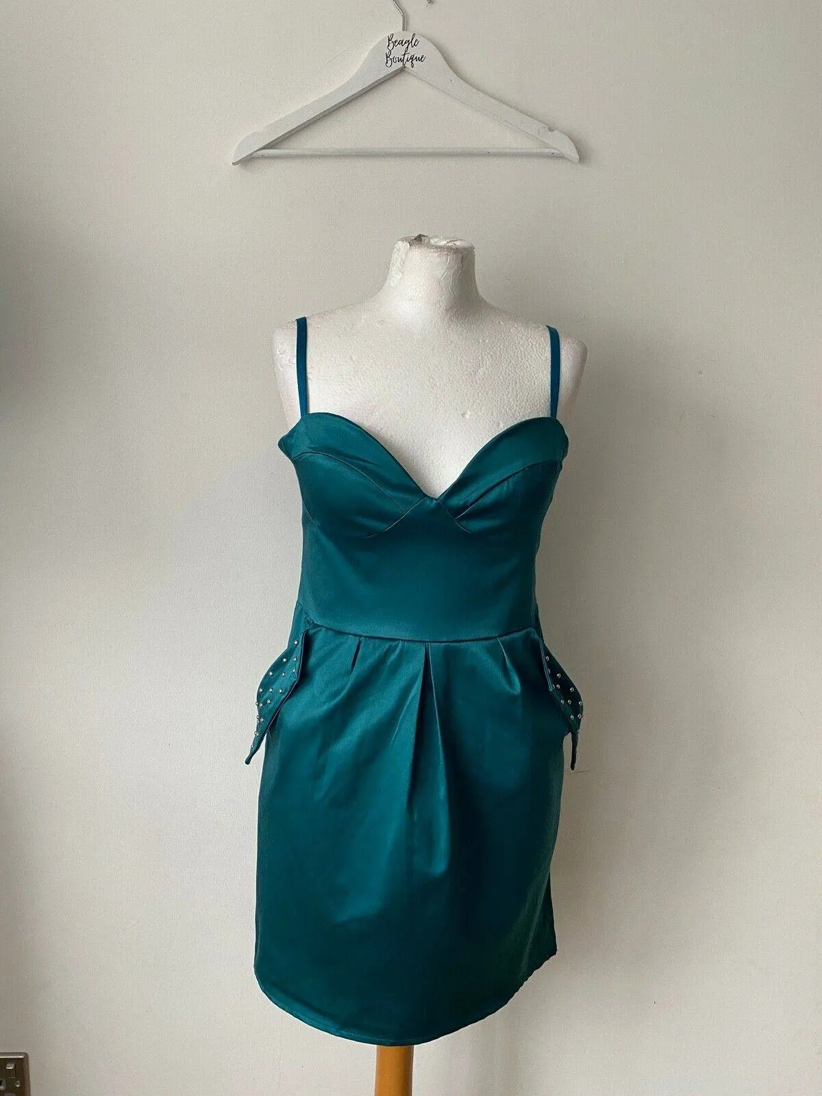 Young Blood Green Bodycon Dress Sizes available 14 & 12 Stud Details on Pockets sold by Beagle Boutique