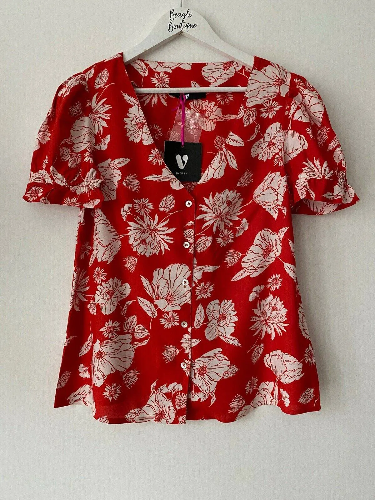 Very Red White Floral Collarless Blouse Size 8 sold by Beagle Boutique