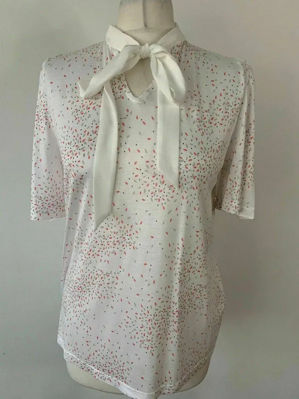 M&S Ivory Mix Tie Neck Top Size 10 Short Flared Sleeve sold by Beagle Boutique