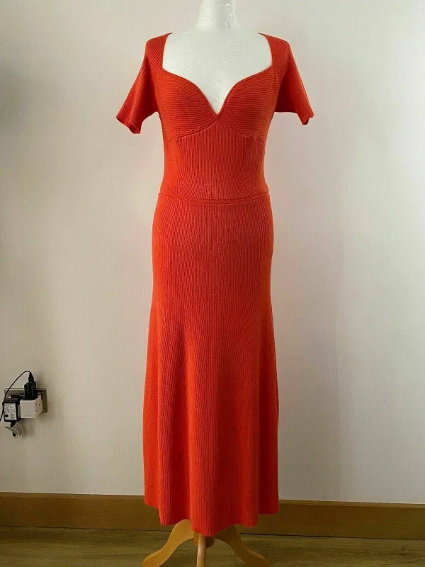 Ribbed Knit Orange Long Dress Size 10 Sweetheart Neck sold by Beagle Boutique