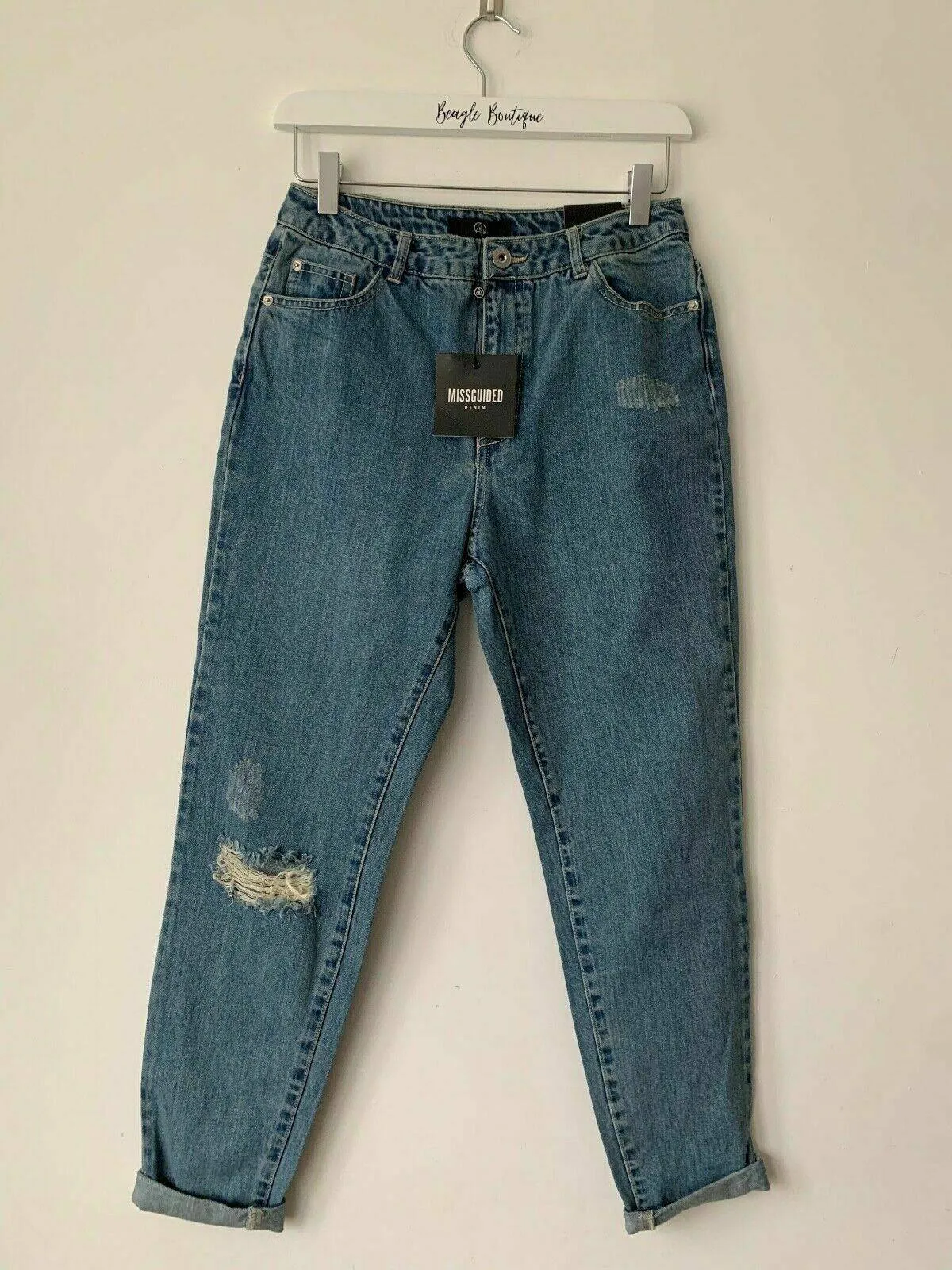 Missguided RIOT Ripped Knee Bleach High Rise MOM Jean Stonewash Size 8 R L28 sold by Beagle Boutique