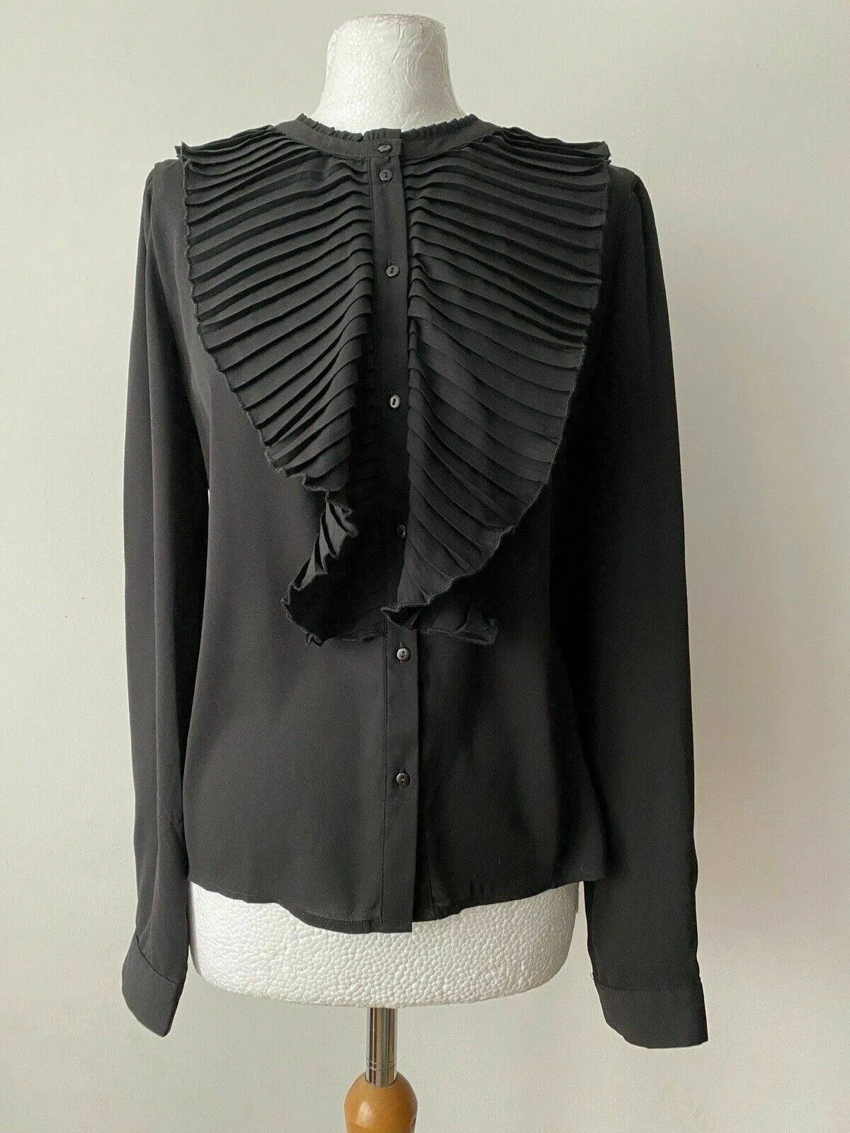 ONLY Pleat Flounce Black Shirt Size 12 Collarless RRP £38 sold by Beagle Boutique
