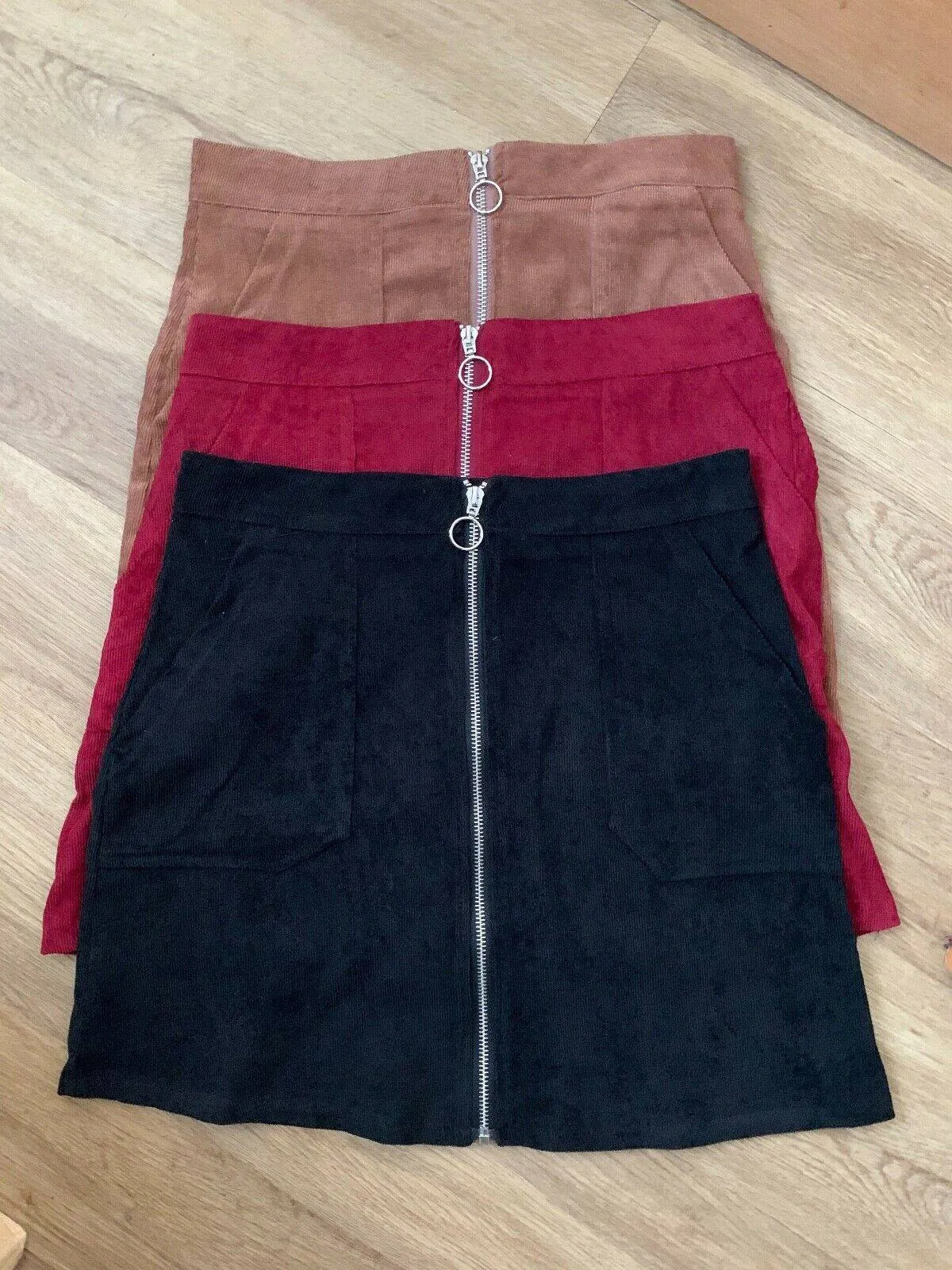 SHEIN O-ring Zip Front Corduroy Mini Skirt Available in 3 Colours Sizes: S & M sold by Beagle Boutique