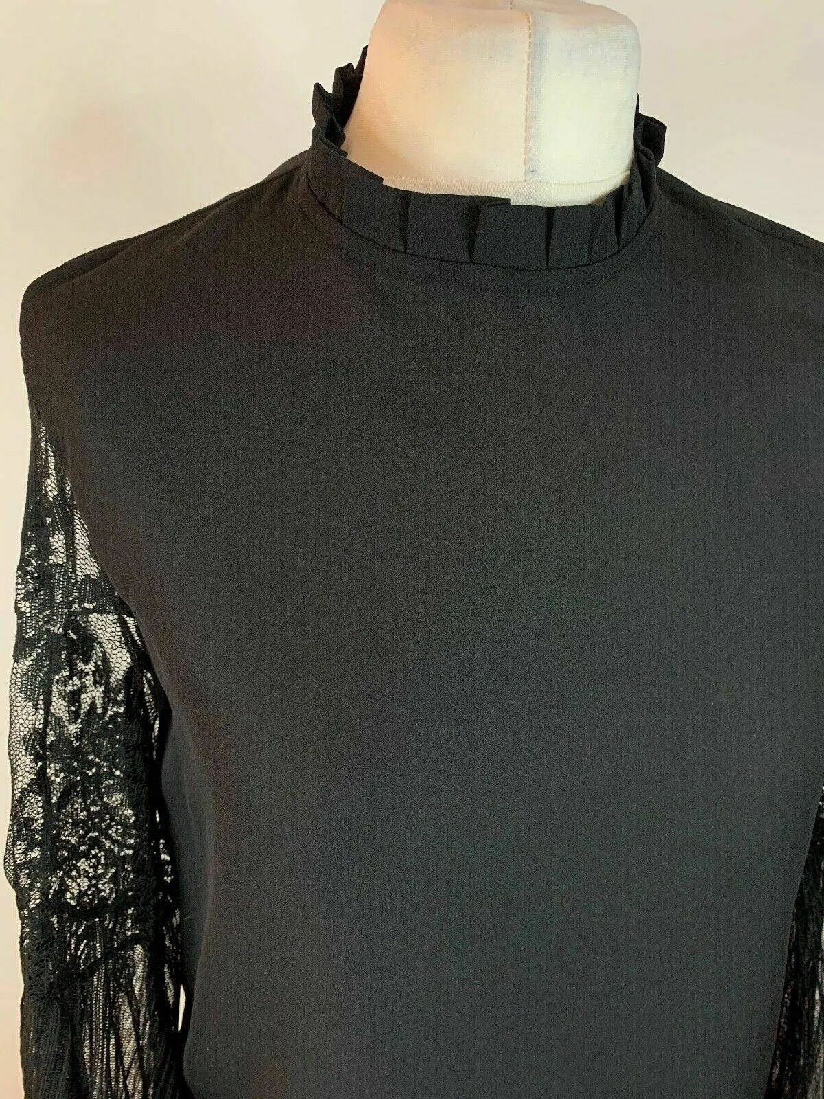 SHEIN Black Shell Top Lace Sleeve Frill Neck Size S 8 Balloon Sleeve sold by Beagle Boutique product image thumbnail 2