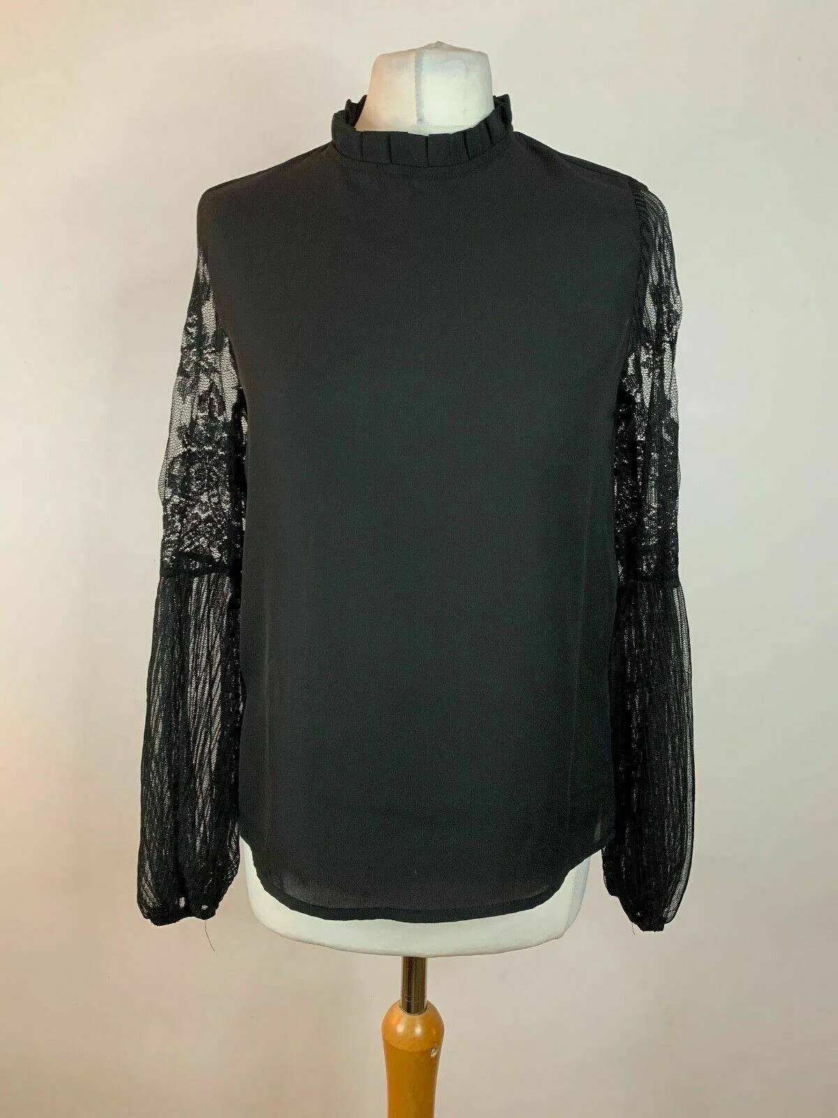 SHEIN Black Shell Top Lace Sleeve Frill Neck Size S 8 Balloon Sleeve sold by Beagle Boutique