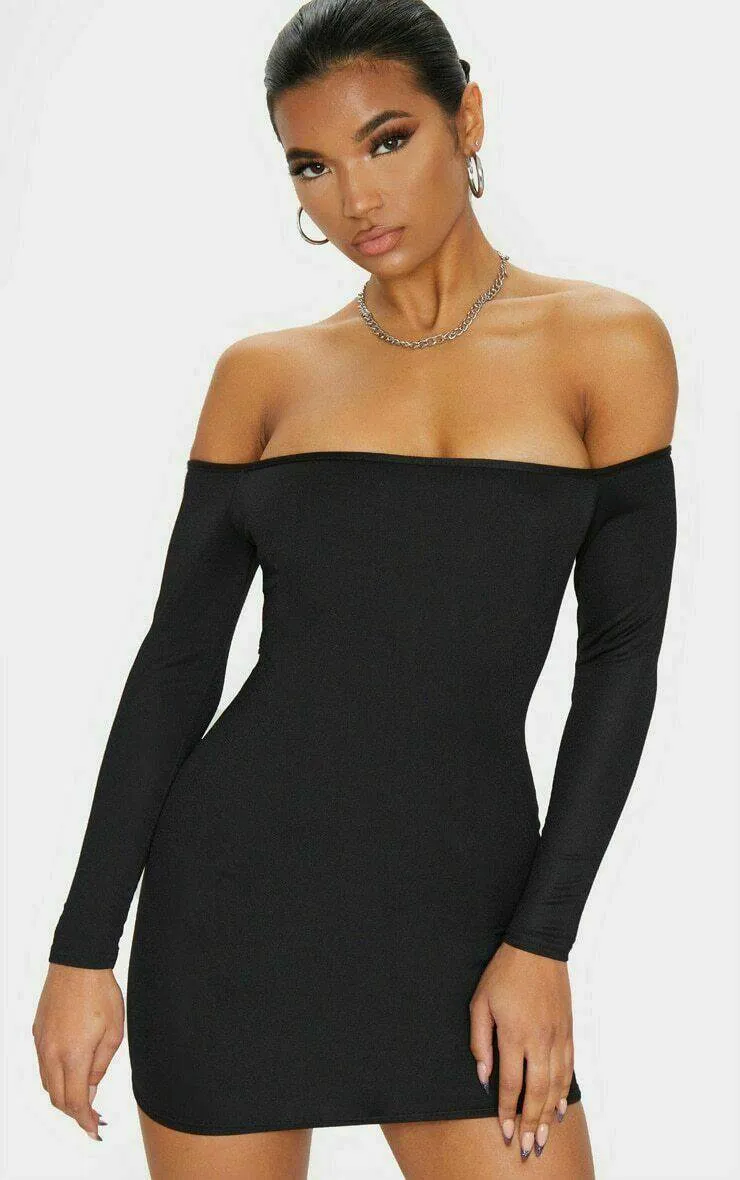 PrettyLittleThing Black Bardot Bodycon Dress Size 6 sold by Beagle Boutique
