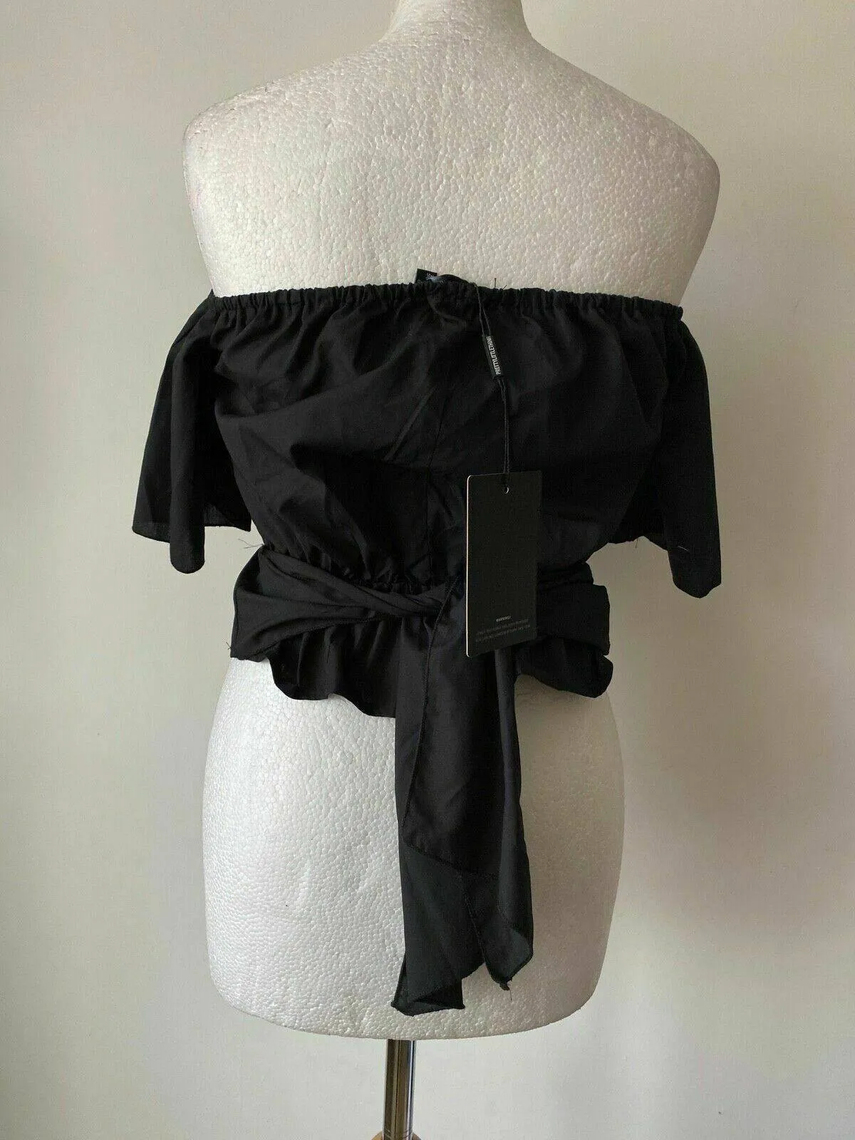 PRETTYLITTLETHING Black Gypsy Crop Top Tie Back Size 8 Bardot sold by Beagle Boutique product image thumbnail 2