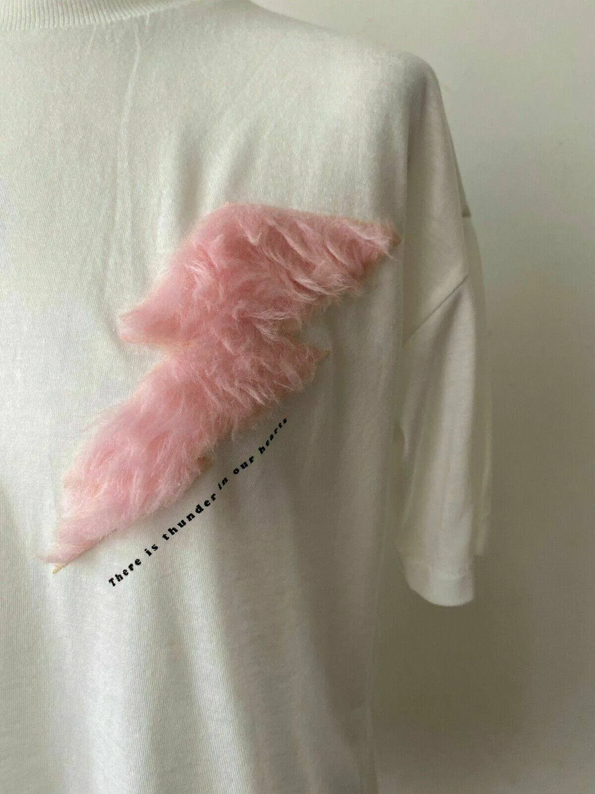ONLY White T-Shirt With Pink Furry Lightning Box Motif Size M Pit to Pit 21" sold by Beagle Boutique product image thumbnail 4