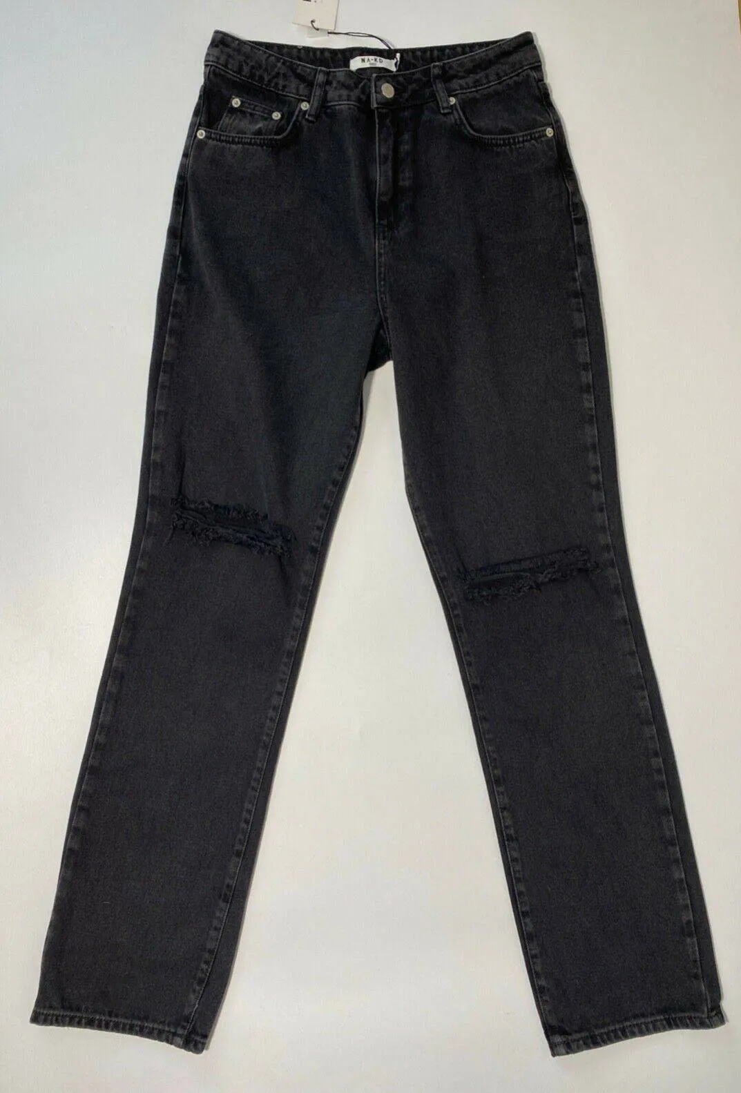 Ex. NA-kd Washed Black Destroyed Straight Denim Jeans Size 10 / 38 sold by Beagle Boutique