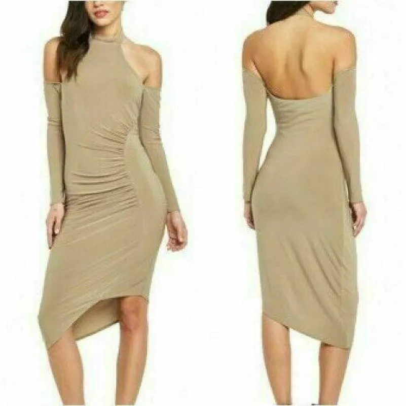 Lipsy Bodycon Halterneck Cold Shoulder Midi Asymmetric Dress Size 12 Nude sold by Beagle Boutique