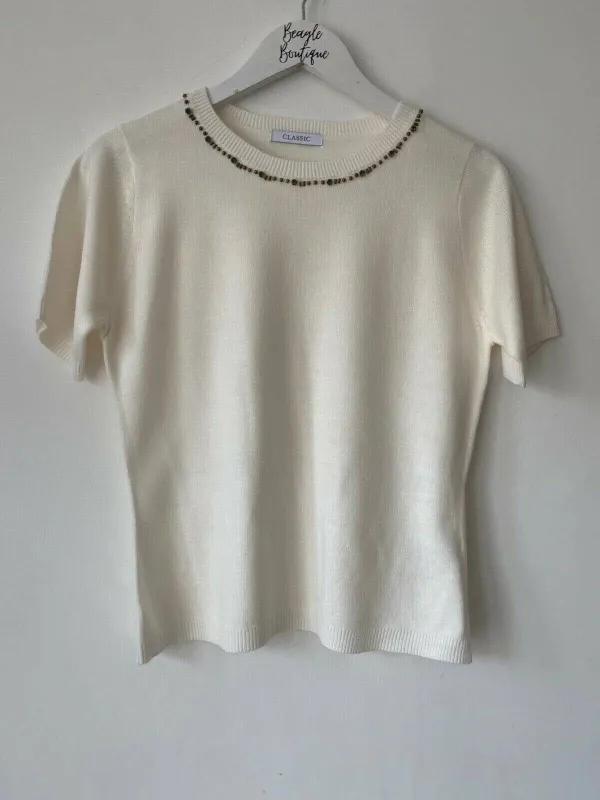 M&S Classic Cream Short Sleeve Jumper Size 8 Beaded Neckline sold by Beagle Boutique