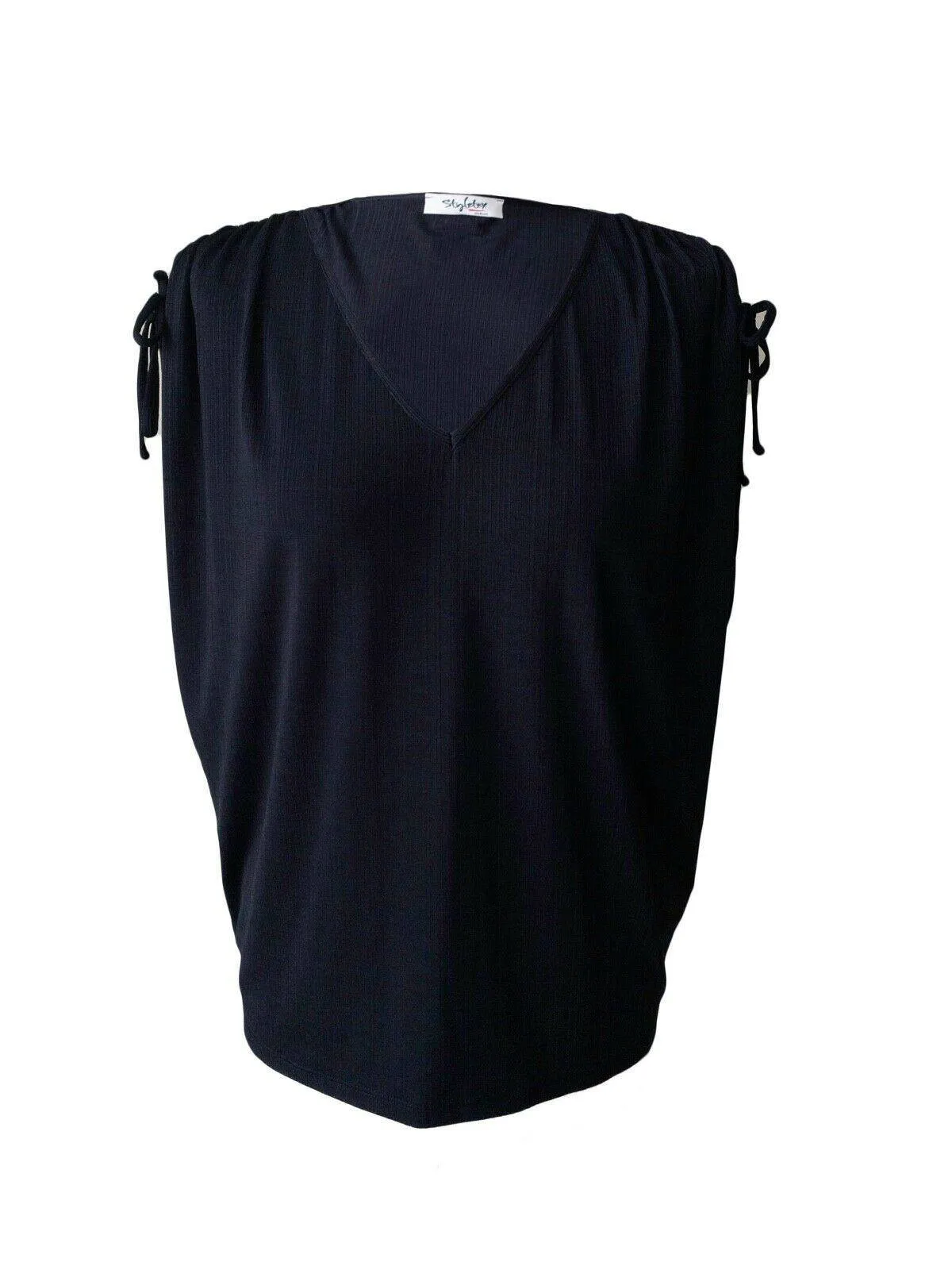 Dark Blue V-Neck Sleeveless Top size 12 Ruched Shoulers sold by Beagle Boutique
