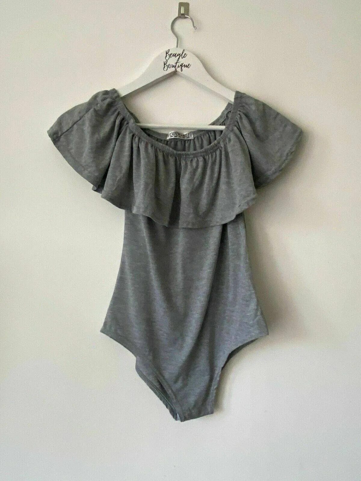 Catch-Mee Grey Bardot Frill Bodysuit Size S / M 6 - 8 Top sold by Beagle Boutique