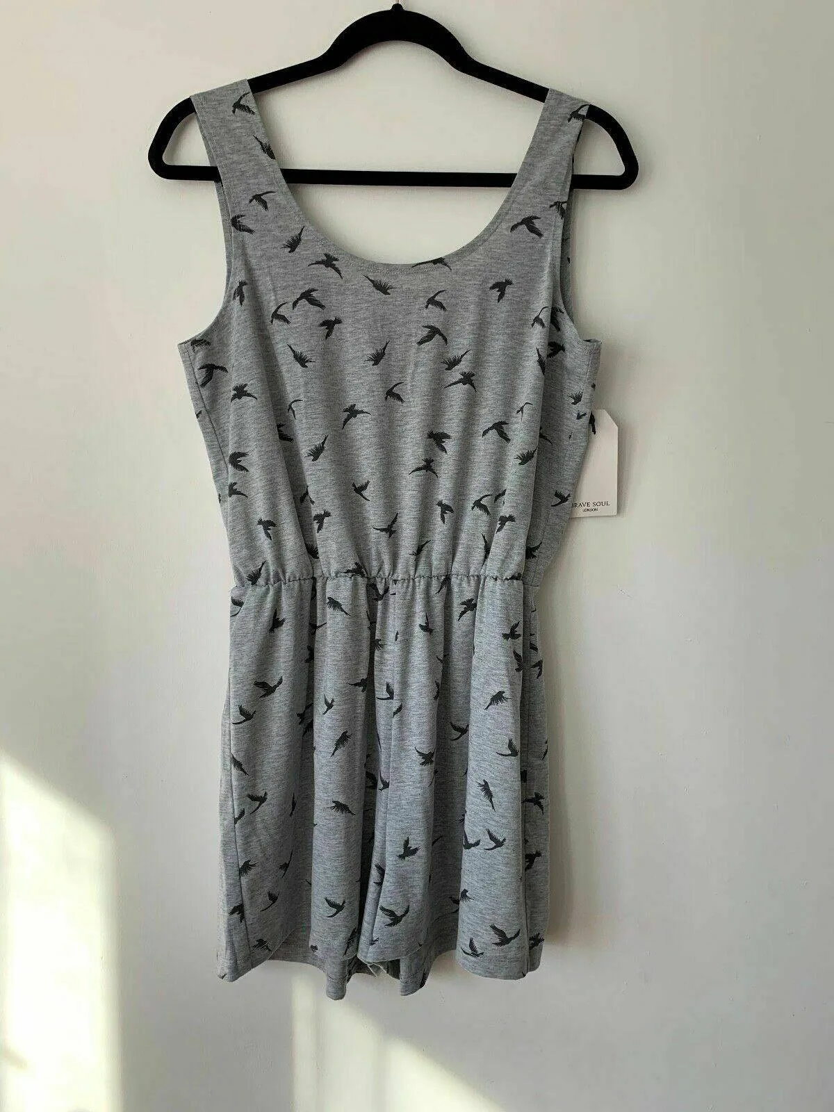 Brave Soul Swoop Playsuit in Bird Print Size S 8 UK Grey sold by Beagle Boutique