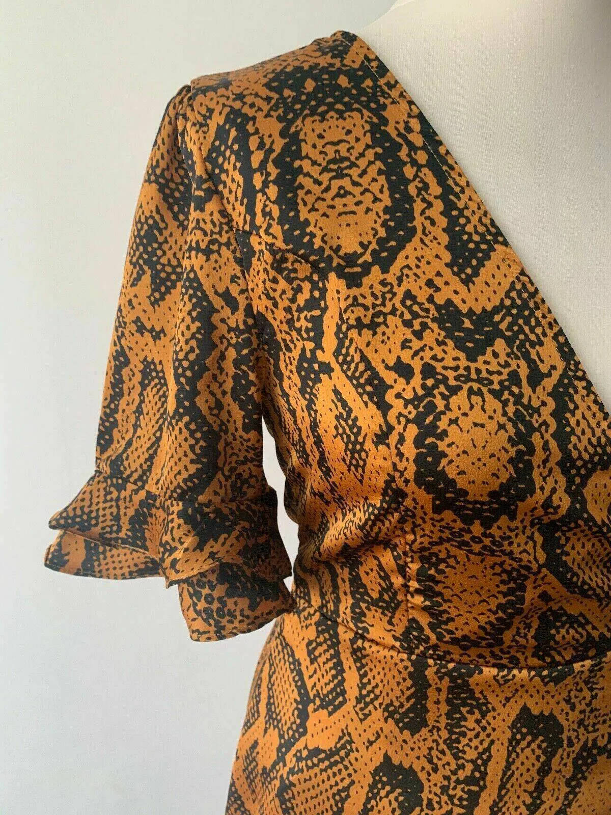 Brave Soul ari satin effect wrap dress in Snakeskin Size S Ruffle Trim sold by Beagle Boutique product image thumbnail 2