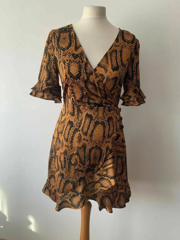 Brave Soul ari satin effect wrap dress in Snakeskin Size S Ruffle Trim sold by Beagle Boutique