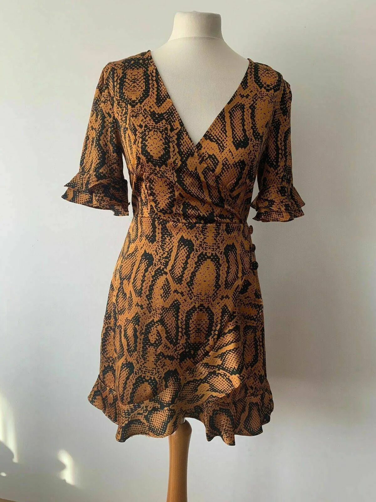 Brave Soul ari satin effect wrap dress in Snakeskin Size S Ruffle Trim sold by Beagle Boutique