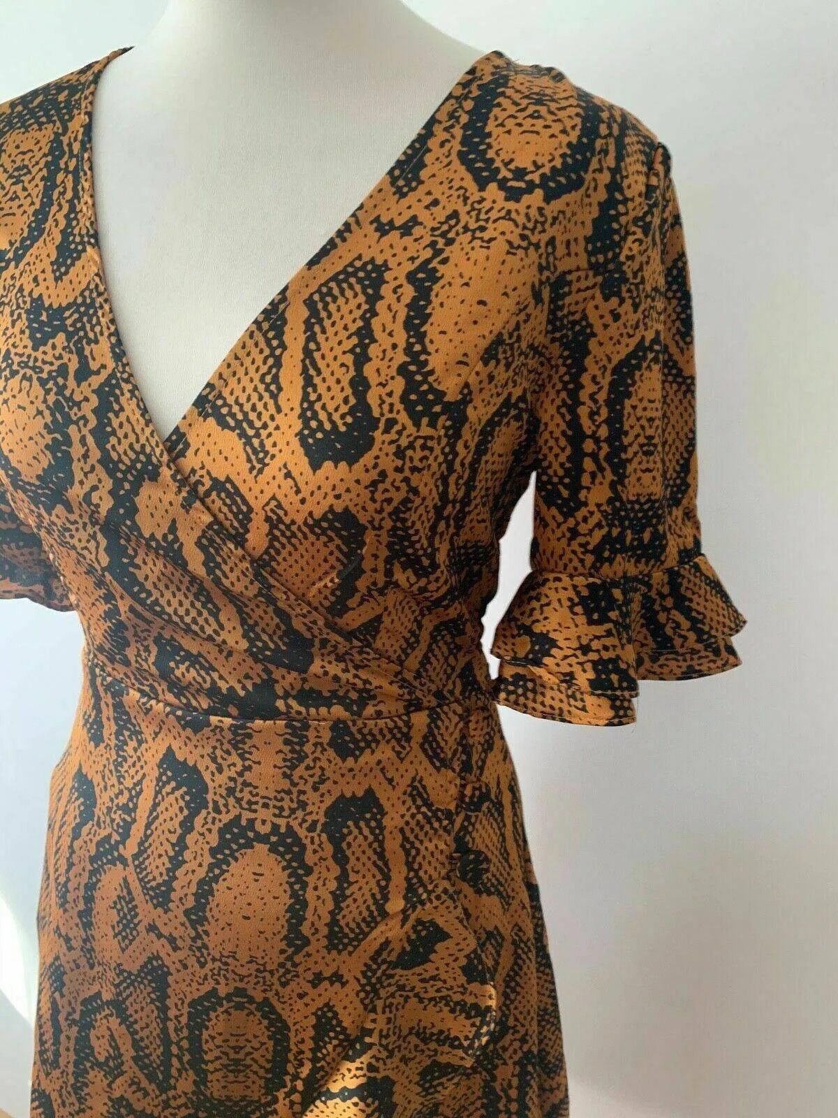 Brave Soul ari satin effect wrap dress in Snakeskin Size S Ruffle Trim sold by Beagle Boutique product image thumbnail 3