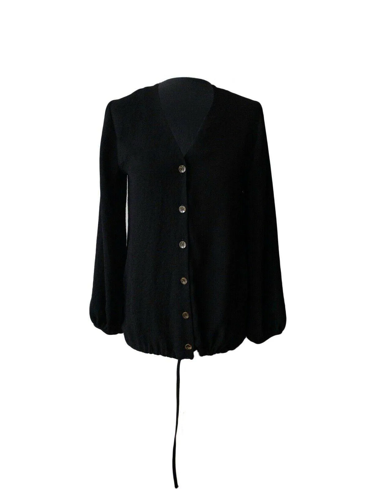 Black Button Down Collarless Top Size 10 Pull cord hem sold by Beagle Boutique