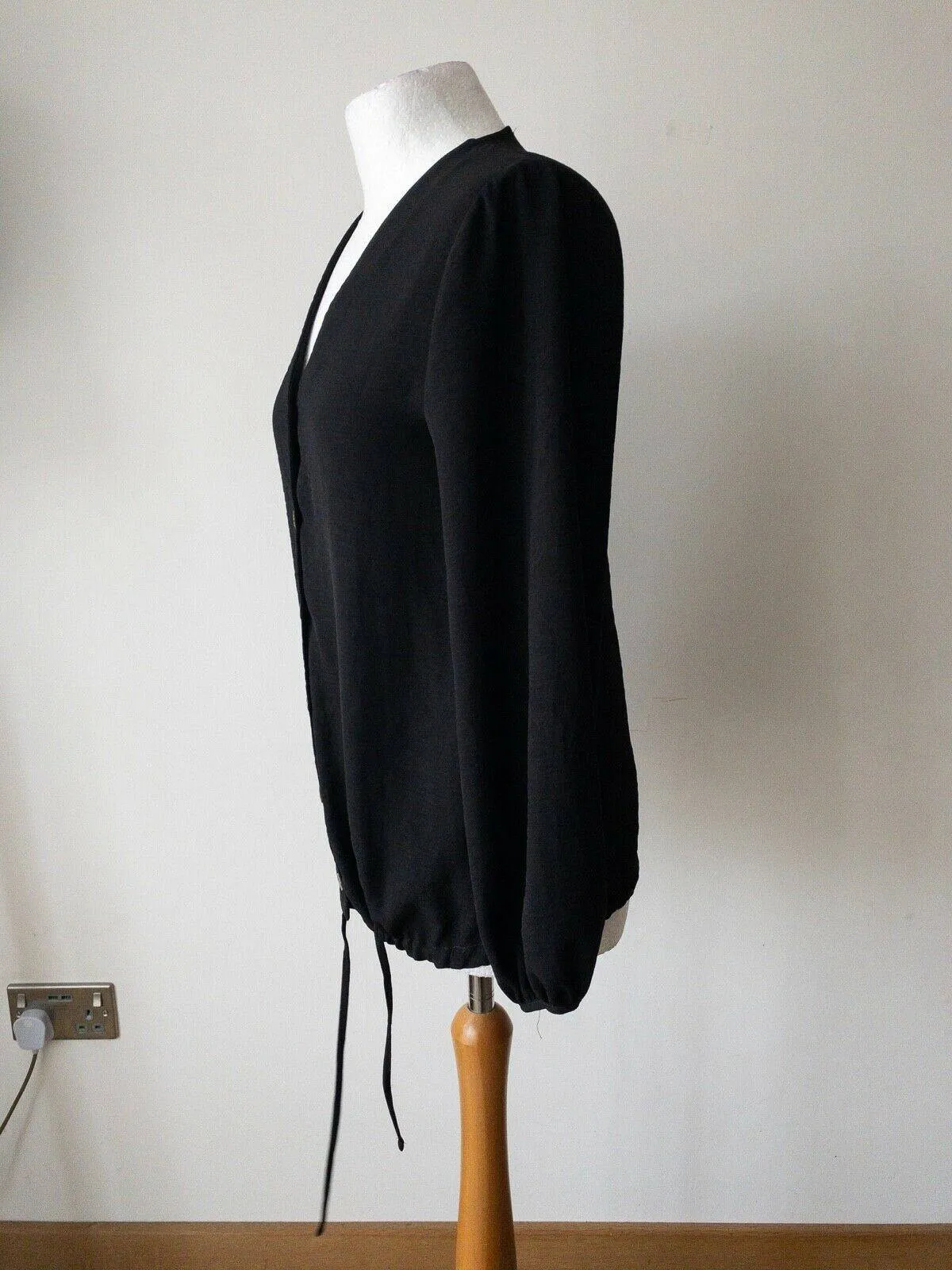 Black Button Down Collarless Top Size 10 Pull cord hem sold by Beagle Boutique product image thumbnail 4