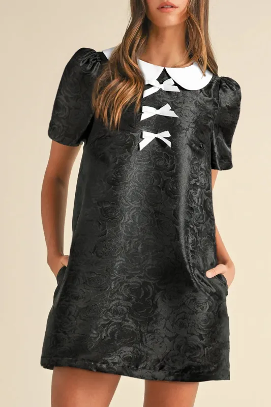 Black Floral Embossed Puff Sleeve Colourblock Bow Collared Mini Dress sold by Beagle Boutique