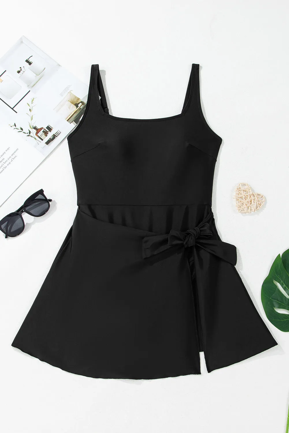 Black Side Tied Waist Square Neck Adjustable Straps A-line One Piece Swim Dress sold by Beagle Boutique product image thumbnail 5