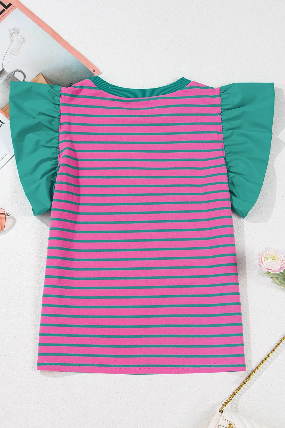 Pink Stripe Colourblock Ruffled Sleeve Crew Neck Blouse sold by Beagle Boutique product image thumbnail 5