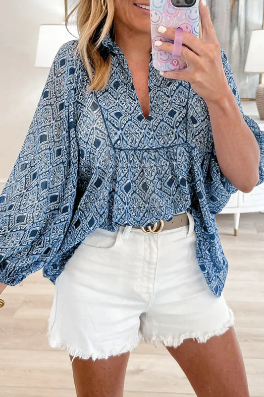 Sky Blue Western Geometric Print Frilled V Neck Loose Fit Blouse sold by Beagle Boutique