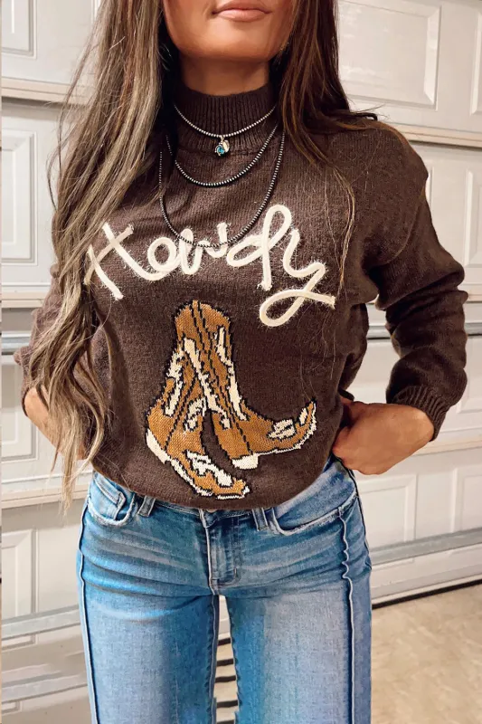 Coffee Western Howdy Boot Graphic High Neck Sweater sold by Beagle Boutique