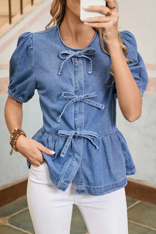 Dusk Blue Bow Tie Front Bubble Sleeve Peplum Denim Shirt sold by Beagle Boutique