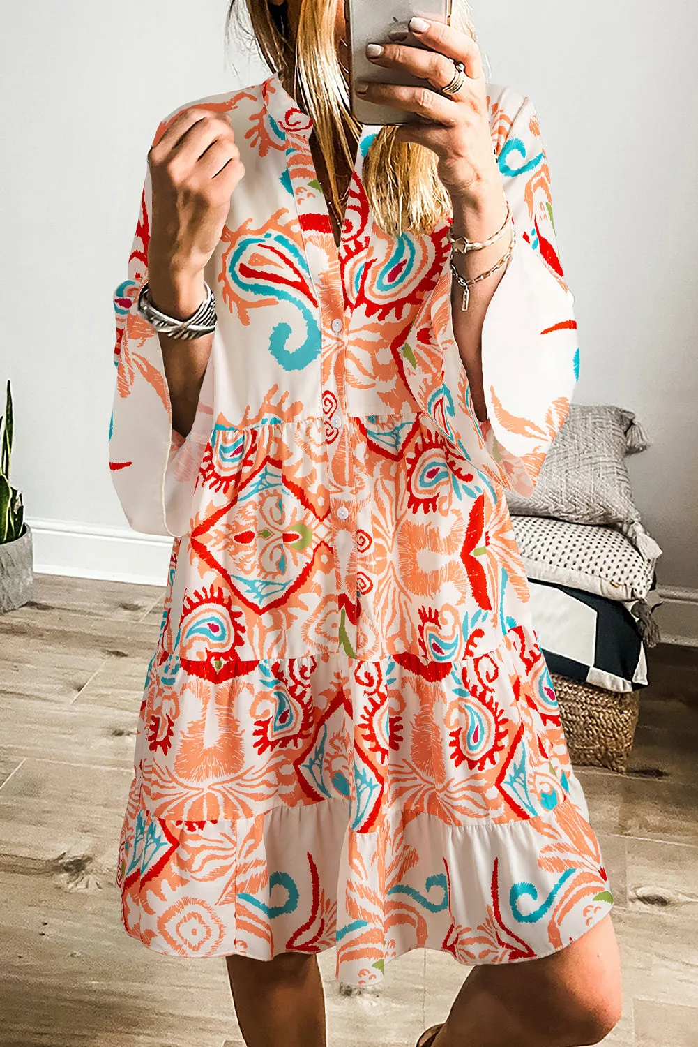 Orange Boho Paisley Print Bracelet Sleeve Mini Dress sold by Beagle Boutique