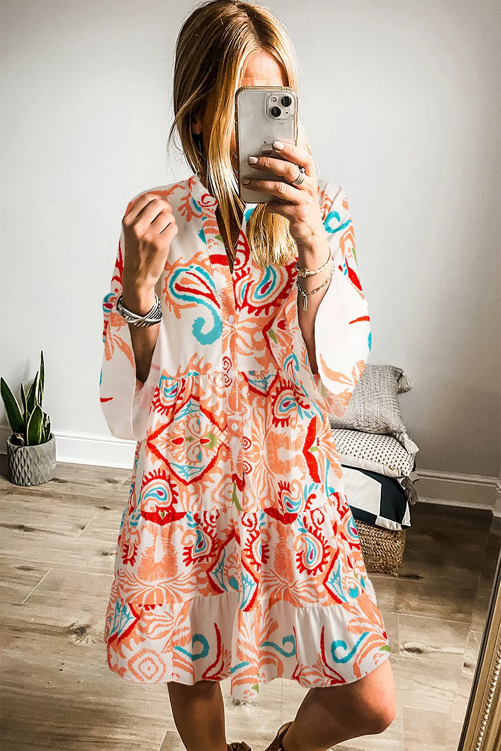 Orange Boho Paisley Print Bracelet Sleeve Mini Dress sold by Beagle Boutique product image thumbnail 3