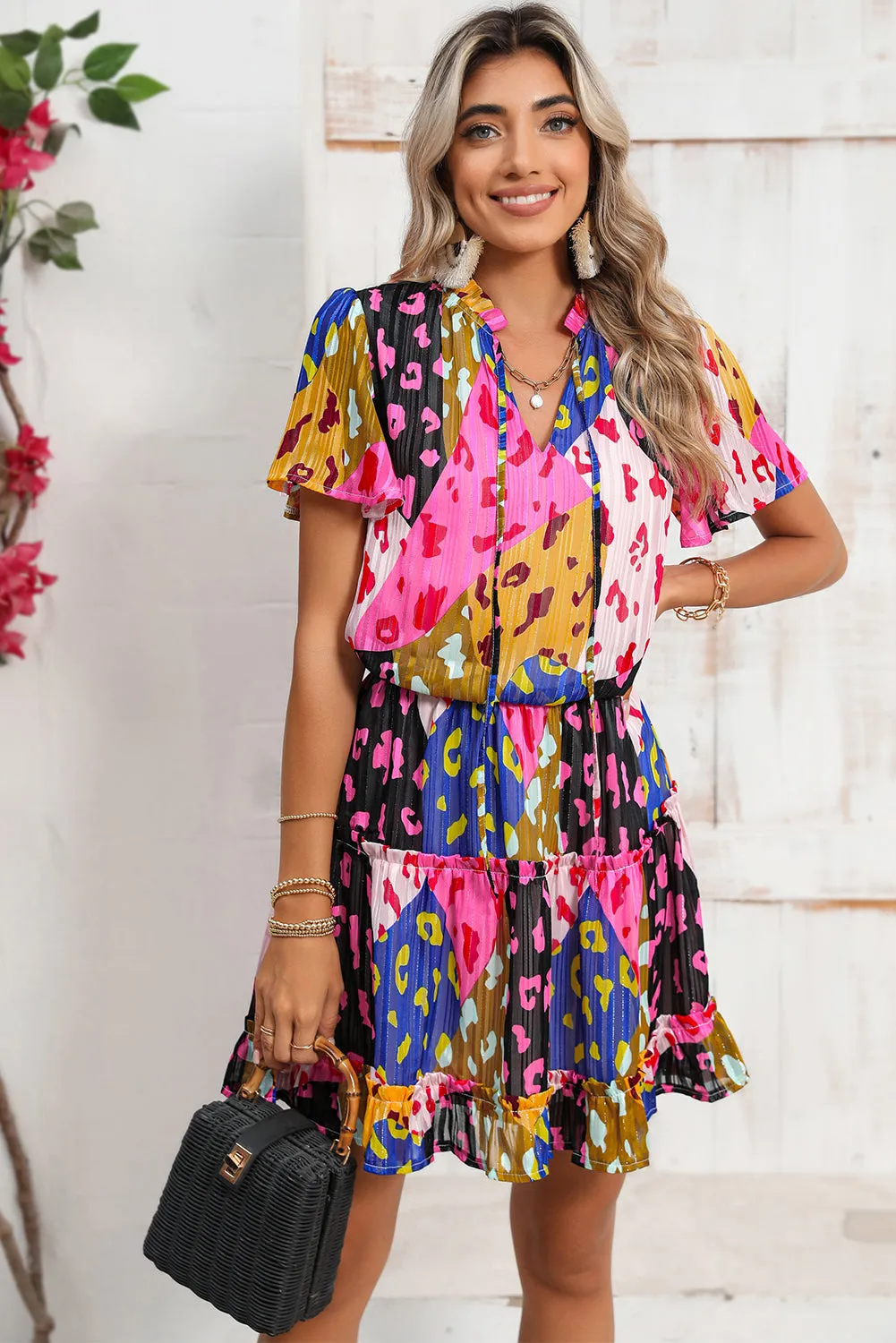 Rose Leopard Short Sleeve Tiered Ruffle Mini Dress sold by Beagle Boutique product image thumbnail 5