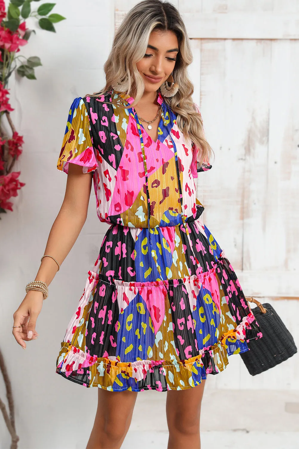 Rose Leopard Short Sleeve Tiered Ruffle Mini Dress sold by Beagle Boutique product image thumbnail 3