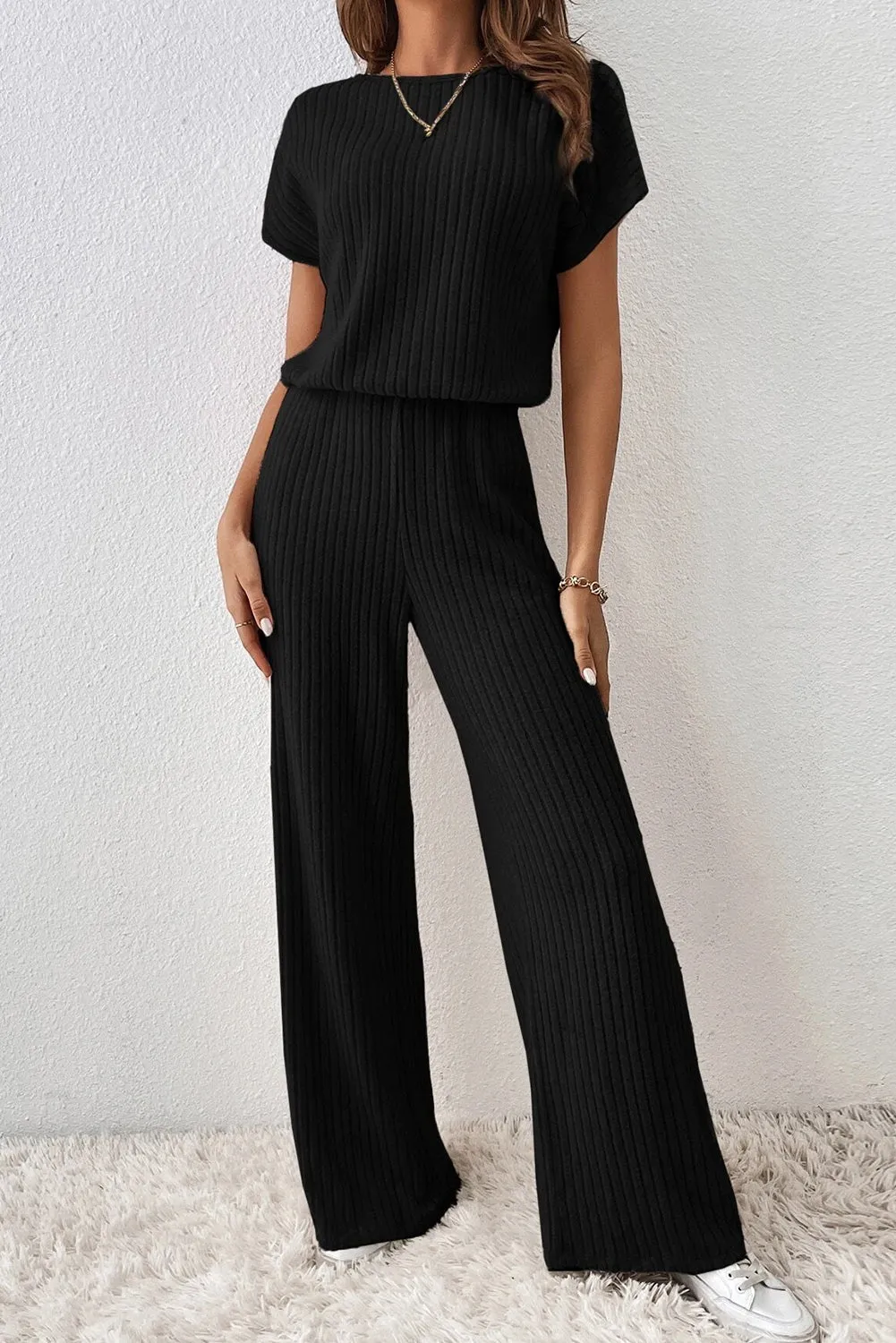 Black Solid Color Ribbed Short Sleeve Wide Leg Jumpsuit sold by Beagle Boutique product image thumbnail 5