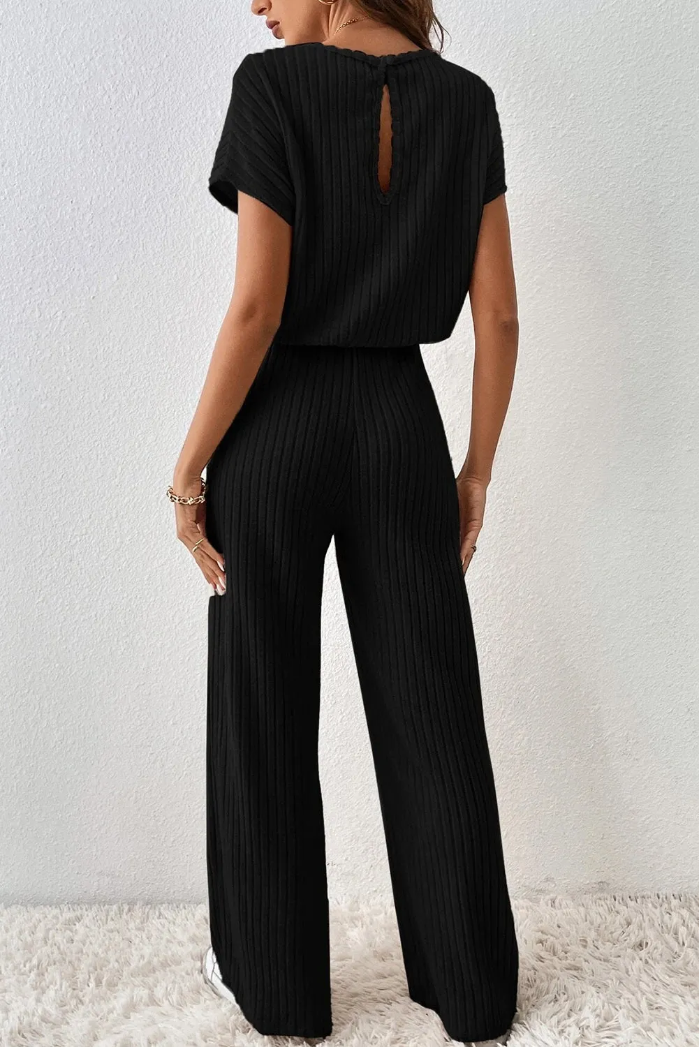 Black Solid Color Ribbed Short Sleeve Wide Leg Jumpsuit sold by Beagle Boutique product image thumbnail 2