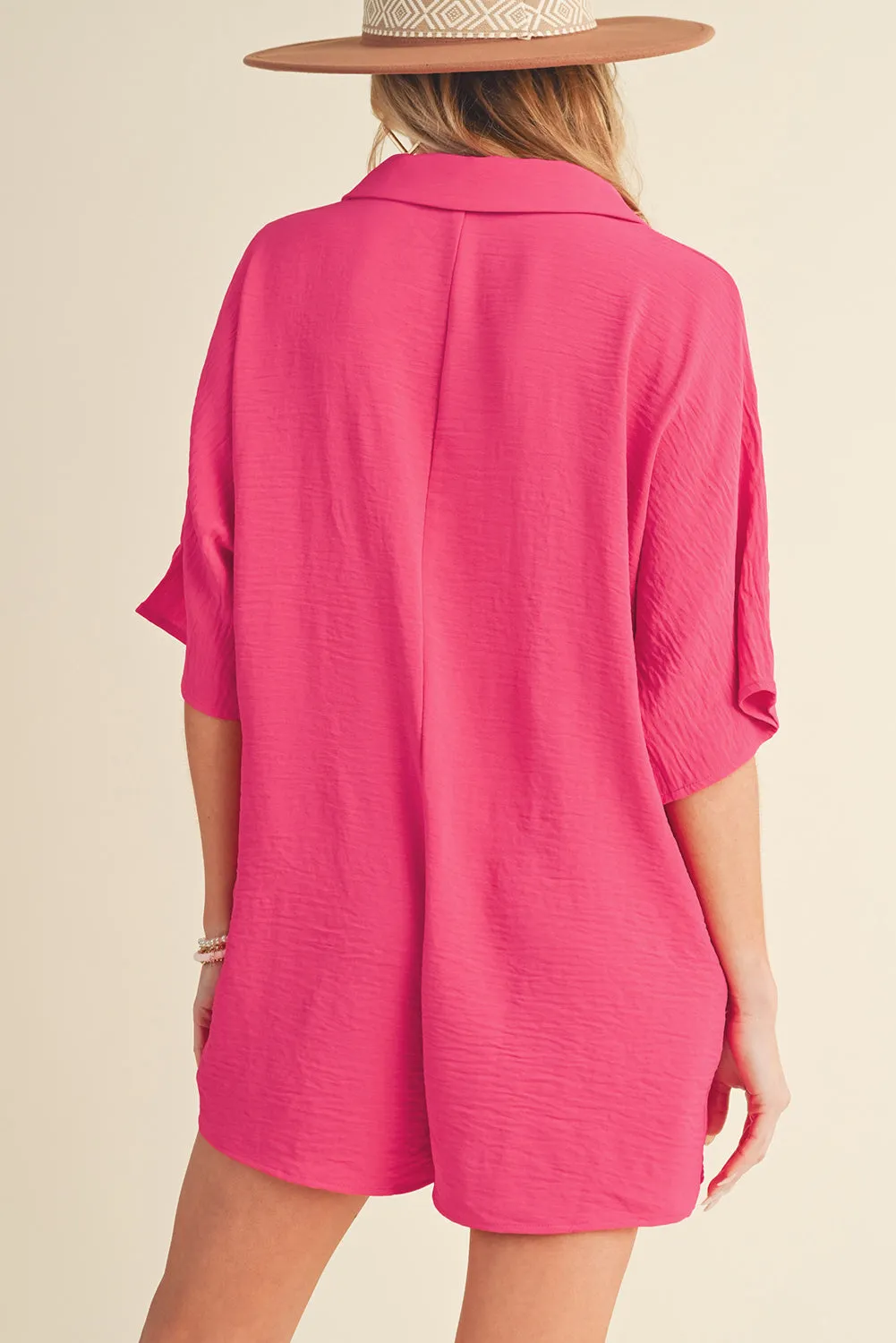 Bright Pink Plain Half Button Collared Pocket Loose Romper sold by Beagle Boutique product image thumbnail 2